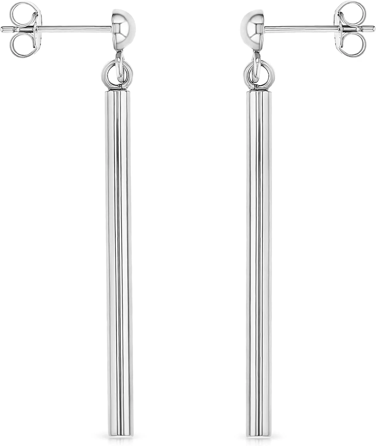 14K Gold Plain Round Long Stick Drop Line Bar Drop Hanging Push Back Earrings | Minimalist Modern Dangle Earrings