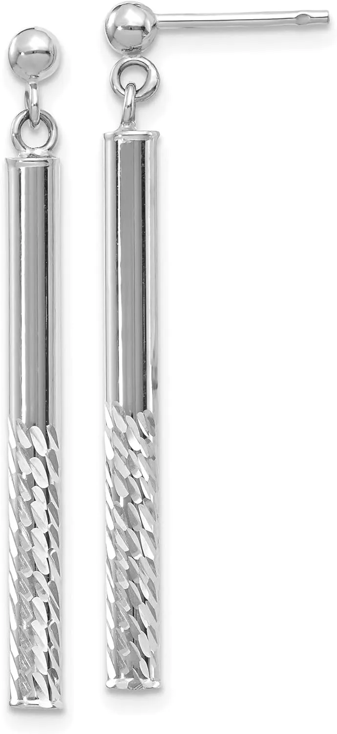 14K Solid White Gold Bar Drop Dangle Line Stud Earrings