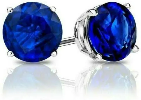 14K White Gold Plated Blue Sapphire Women's Stud Earrings 2.00 Ctw Round 6MM 925 Sterling Silver