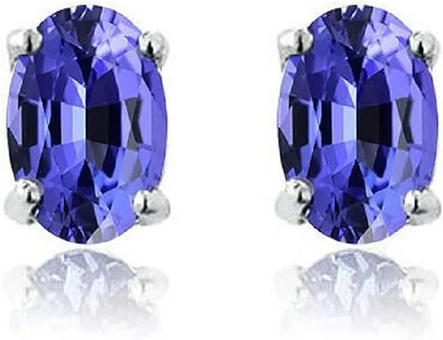 14K White Gold Plated Oval Tanzanite Stud Earrings For Women 0.61 CTTW 925 Sterling Silver