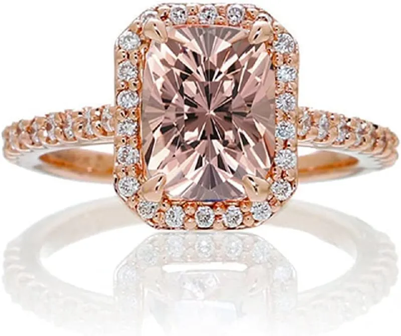 1.5 Carat Emerald Cut Morganite Halo Engagement Ring with 14k Rose Gold Plating 925 Sterling Silver