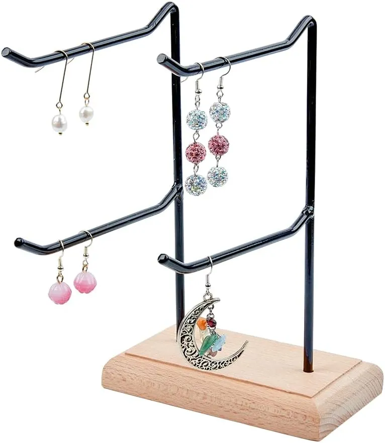 1Set 3Pcs 2-Tier 2-Row Wood Jewelry Display Stands 21cm Metal Tabletop Jewelry Organizer Black Metal Earing Tower Stand for Earring Bracelet Watch Chain Keychain for Ring Storage