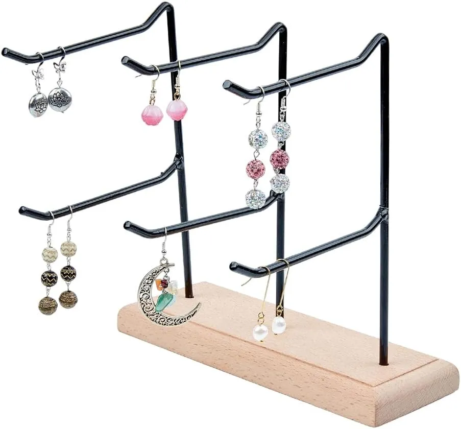 1Set 4Pcs 2-Tier 3-Row Wood Jewelry Display Stands 21cm Metal Tabletop Jewelry Organizer Black Metal Earing Tower Stand for Earring Bracelet Watch Chain Keychain for Ring Storage