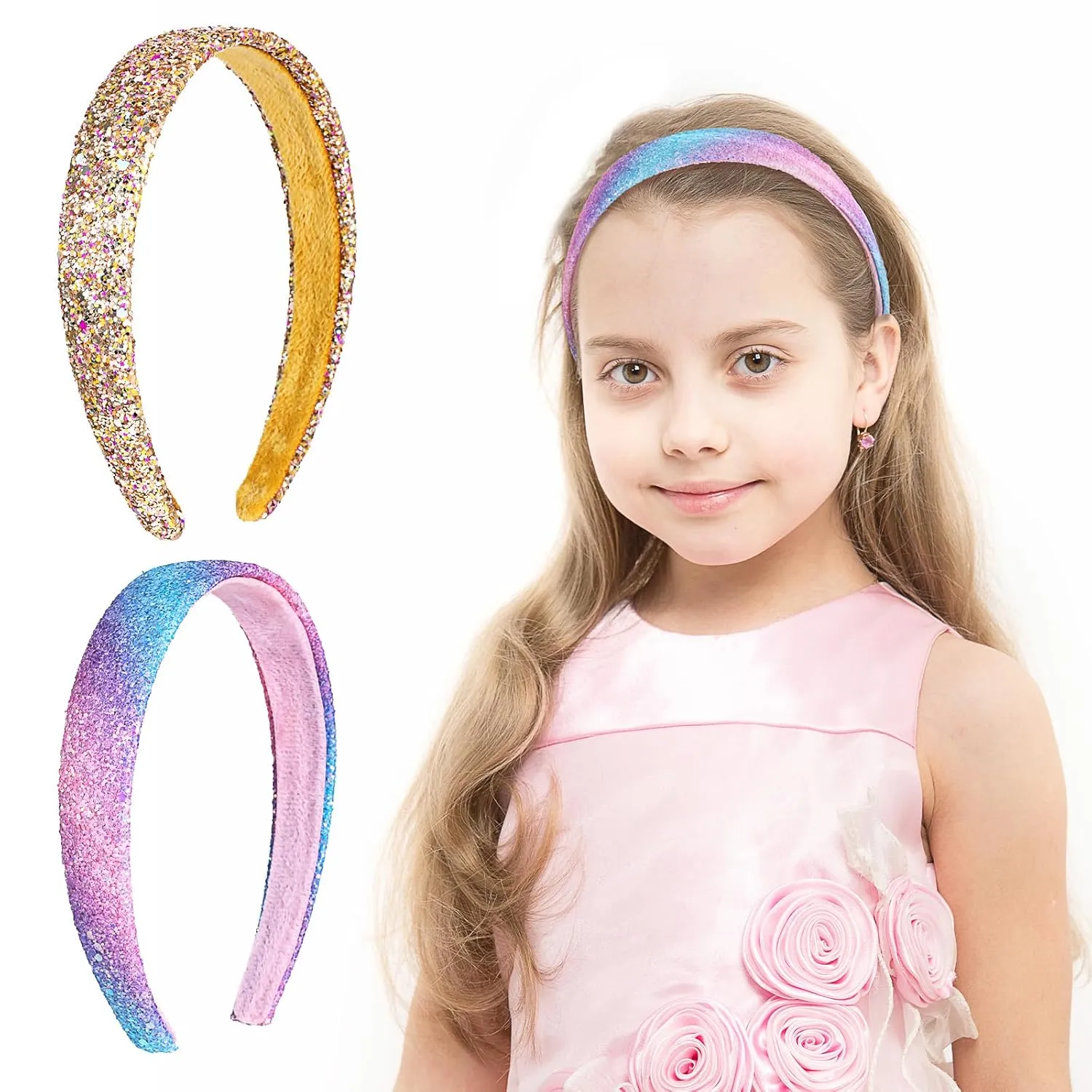 2 Pack Girls Headbands Glitter Colorful Hair Accessories Fashion Head Bands Plastic Sparkly Cute Non Slip Chunky Hairbands Rainbow Sequin Wide Thick Head Bands -Gradient Style -2 Colors