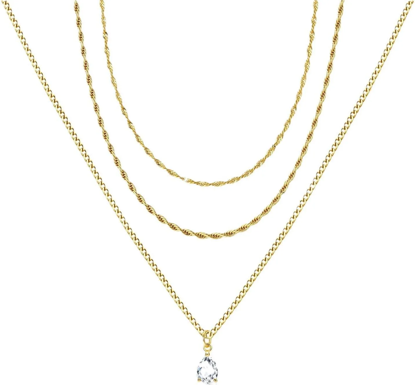 3 Piece Star Moon Cubic Zirconia Figaro Chain Necklace 14K Gold Plated Spiral Grain Dainty Layered Cuban Paperclip Chain Pendant Necklaces Gold Jewelry for Women