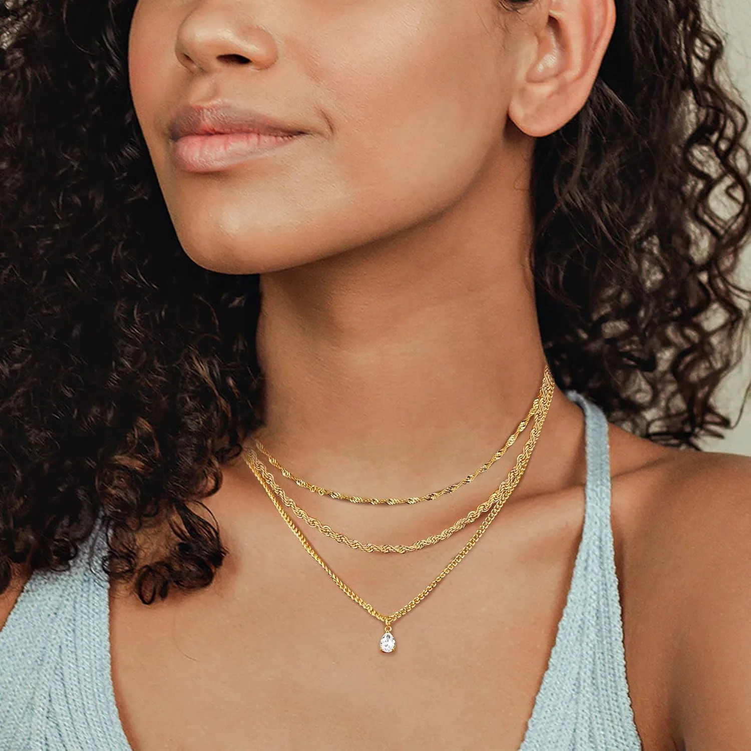 3 Piece Star Moon Cubic Zirconia Figaro Chain Necklace 14K Gold Plated Spiral Grain Dainty Layered Cuban Paperclip Chain Pendant Necklaces Gold Jewelry for Women