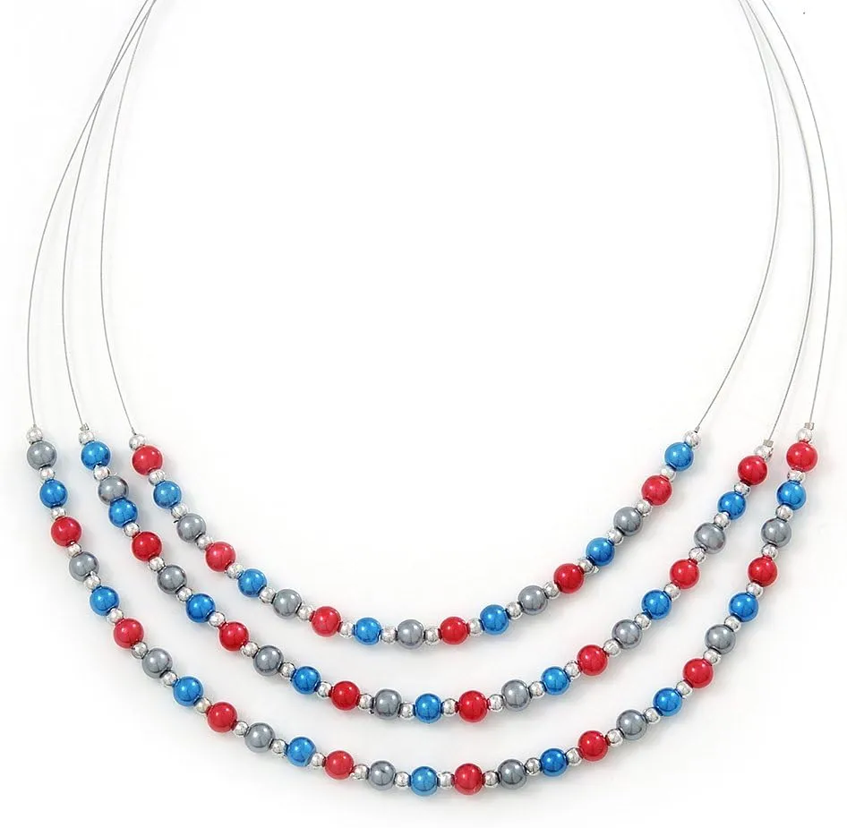 3 Strand, Layered Bead Wire Necklace In Silver Tone (Metallic Grey, Metallic Red, Metallic Blue) - 56cm Length