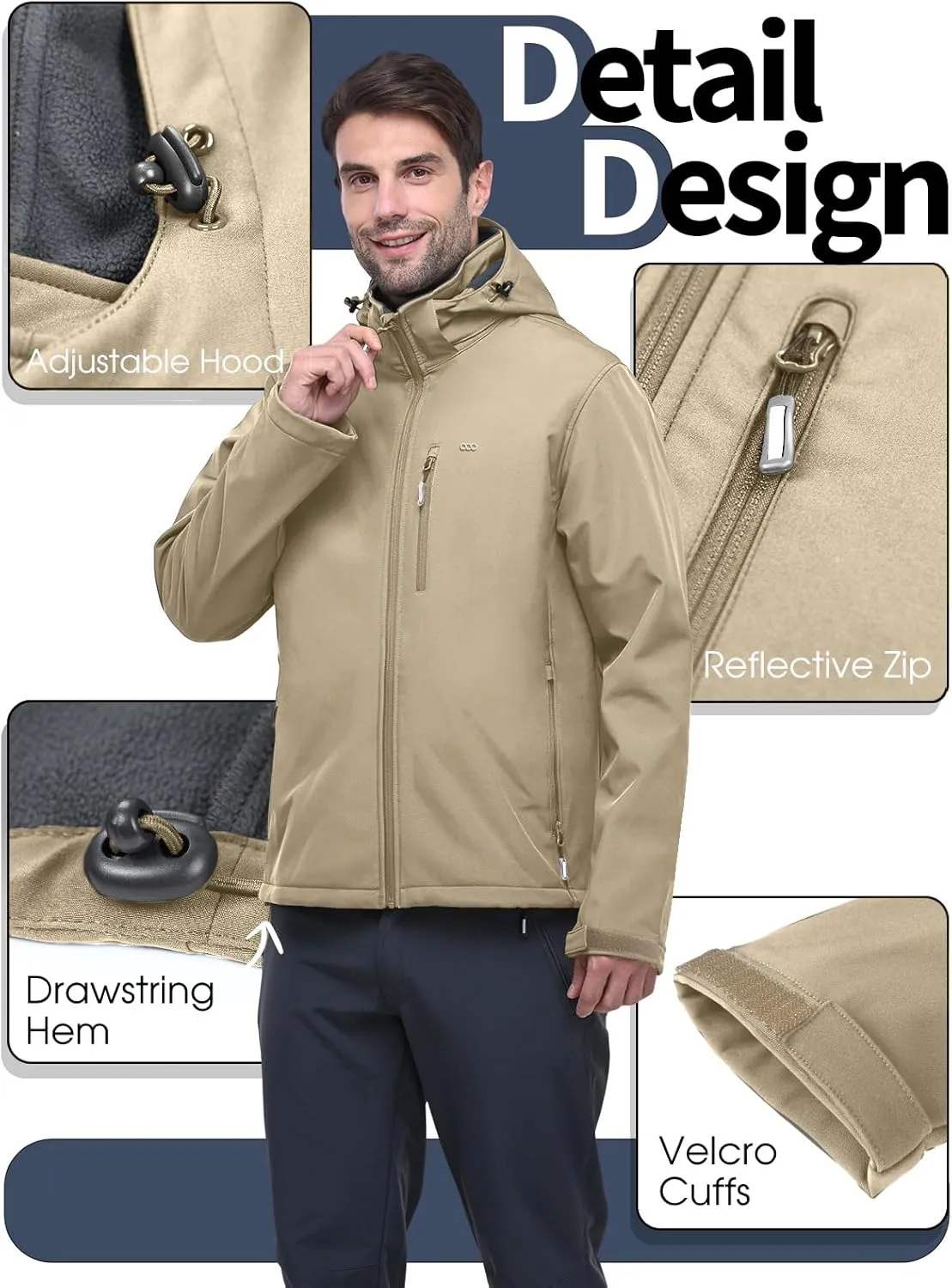 33,000ft Men's Softshell Jacket with Hood Fleece Lined Windbreaker Lightweight Waterproof Jackets for Hiking