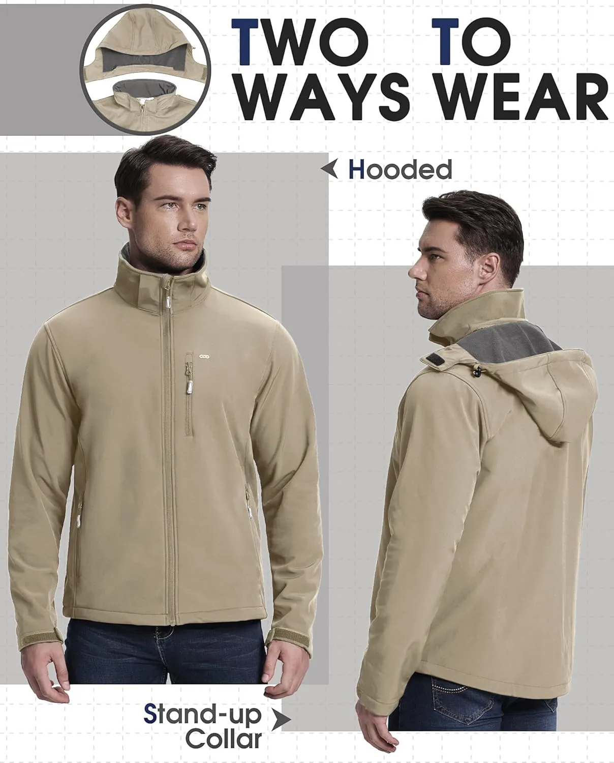 33,000ft Men's Softshell Jacket with Hood Fleece Lined Windbreaker Lightweight Waterproof Jackets for Hiking