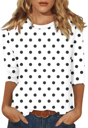 3/4 Sleeve Shirts for Women Spring Striped Crewneck Business Casual Tops Loose Three Quarter Length Work Blouses