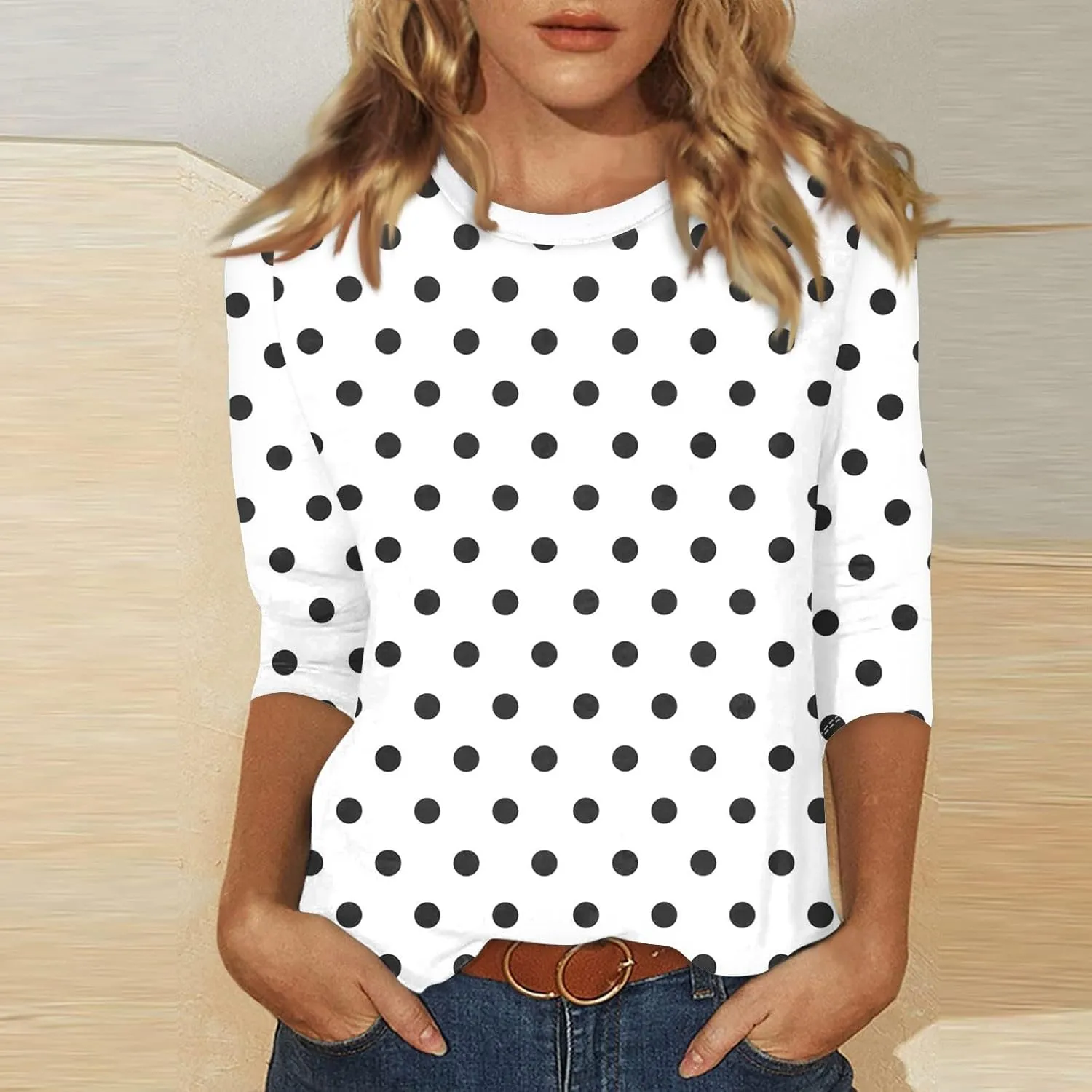 3/4 Sleeve Shirts for Women Spring Striped Crewneck Business Casual Tops Loose Three Quarter Length Work Blouses