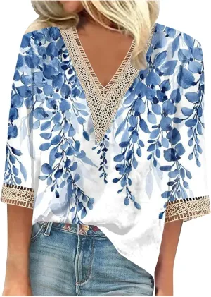 3/4 Sleeve Tee V Neck Hollow Out Women Lace Tops Half Sleeve Cropped T Shirts for Women Gradient Graphic Blouse &