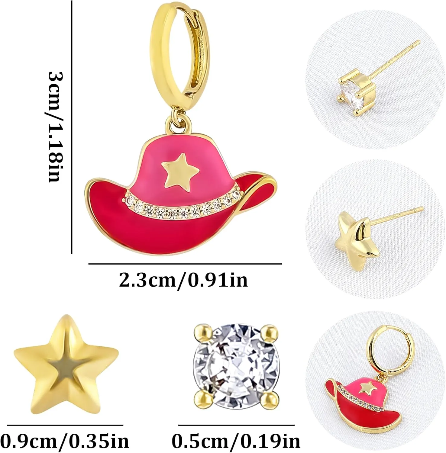 3Pcs Pink Cowgirl Boot Earrings Set for Women 14K Gold Plated Dangle Enamel Cowboy Boots Huggie Hoop Earrings Love Heart Mushroom Flower Bow Dainty Cubic Zirconia Stud Earrings Western Jewelry Gifts