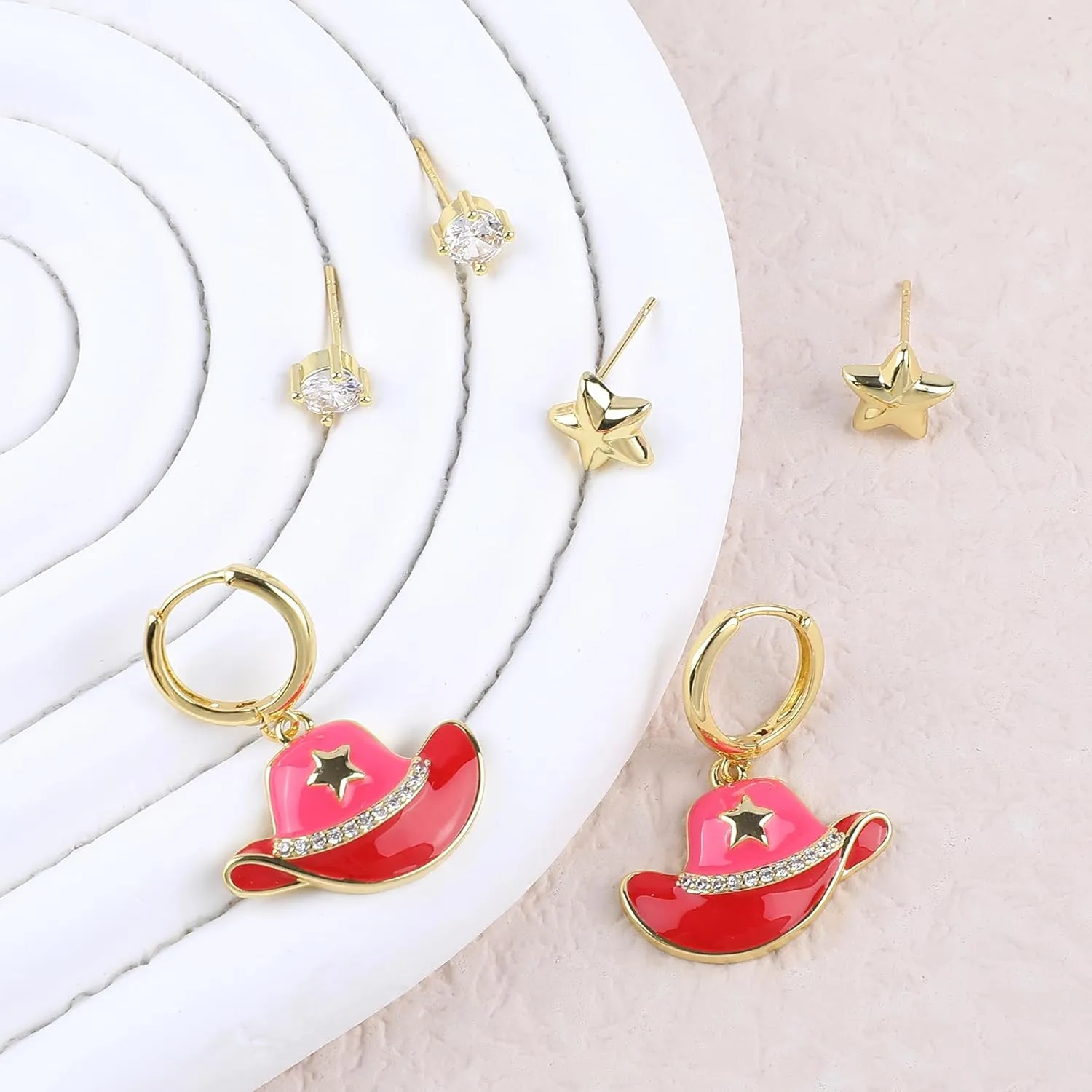3Pcs Pink Cowgirl Boot Earrings Set for Women 14K Gold Plated Dangle Enamel Cowboy Boots Huggie Hoop Earrings Love Heart Mushroom Flower Bow Dainty Cubic Zirconia Stud Earrings Western Jewelry Gifts