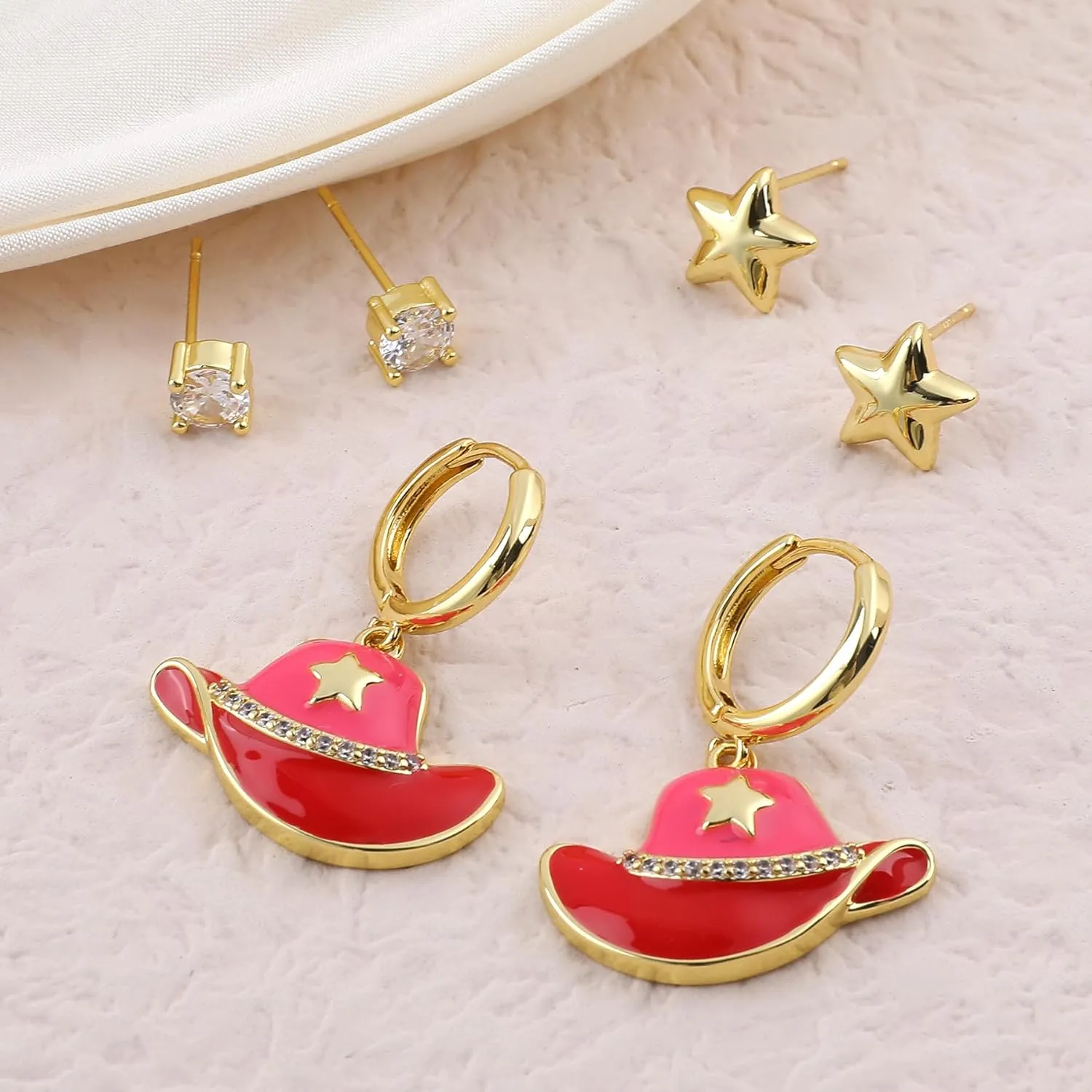 3Pcs Pink Cowgirl Boot Earrings Set for Women 14K Gold Plated Dangle Enamel Cowboy Boots Huggie Hoop Earrings Love Heart Mushroom Flower Bow Dainty Cubic Zirconia Stud Earrings Western Jewelry Gifts