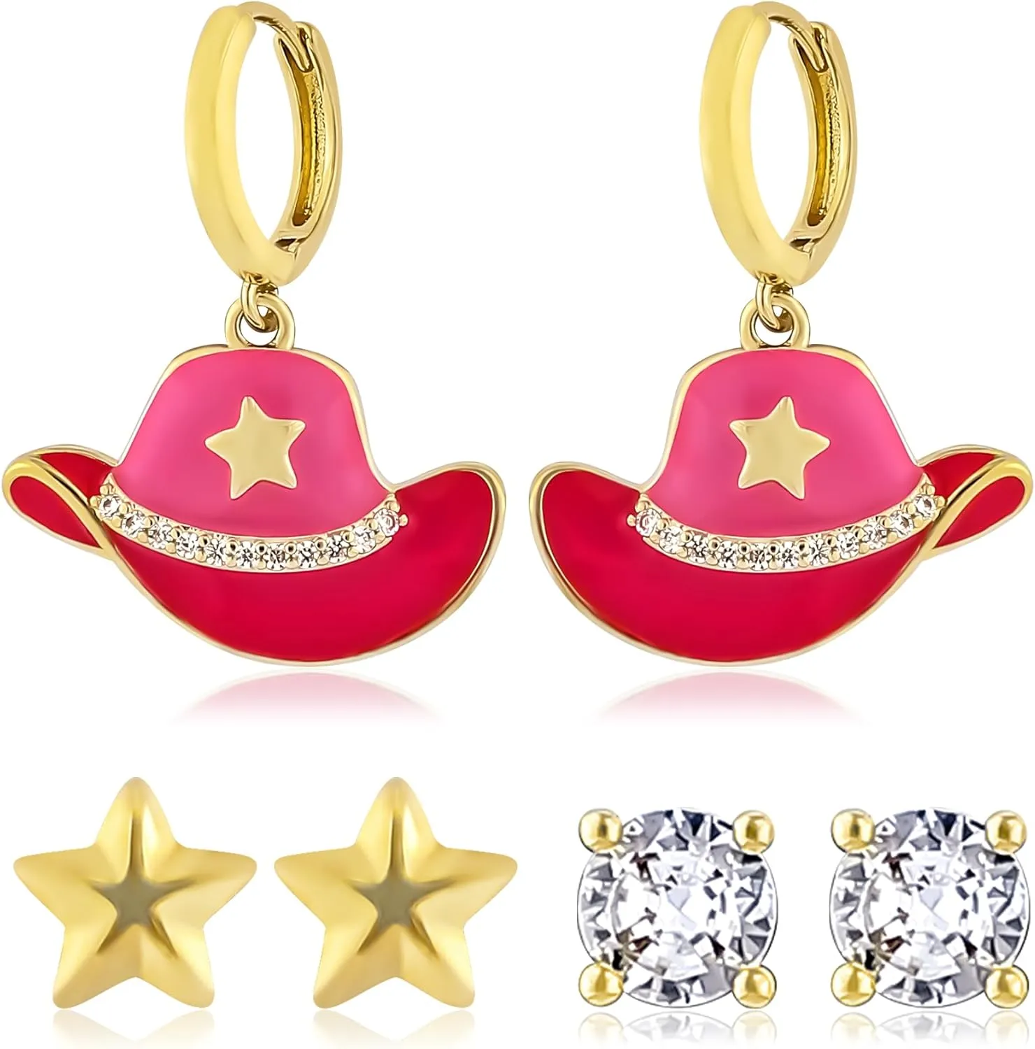 3Pcs Pink Cowgirl Boot Earrings Set for Women 14K Gold Plated Dangle Enamel Cowboy Boots Huggie Hoop Earrings Love Heart Mushroom Flower Bow Dainty Cubic Zirconia Stud Earrings Western Jewelry Gifts