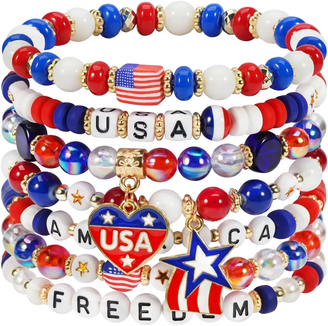 4th of July Beaded Bracelets with American Flag Stars Charms USA Jewelry