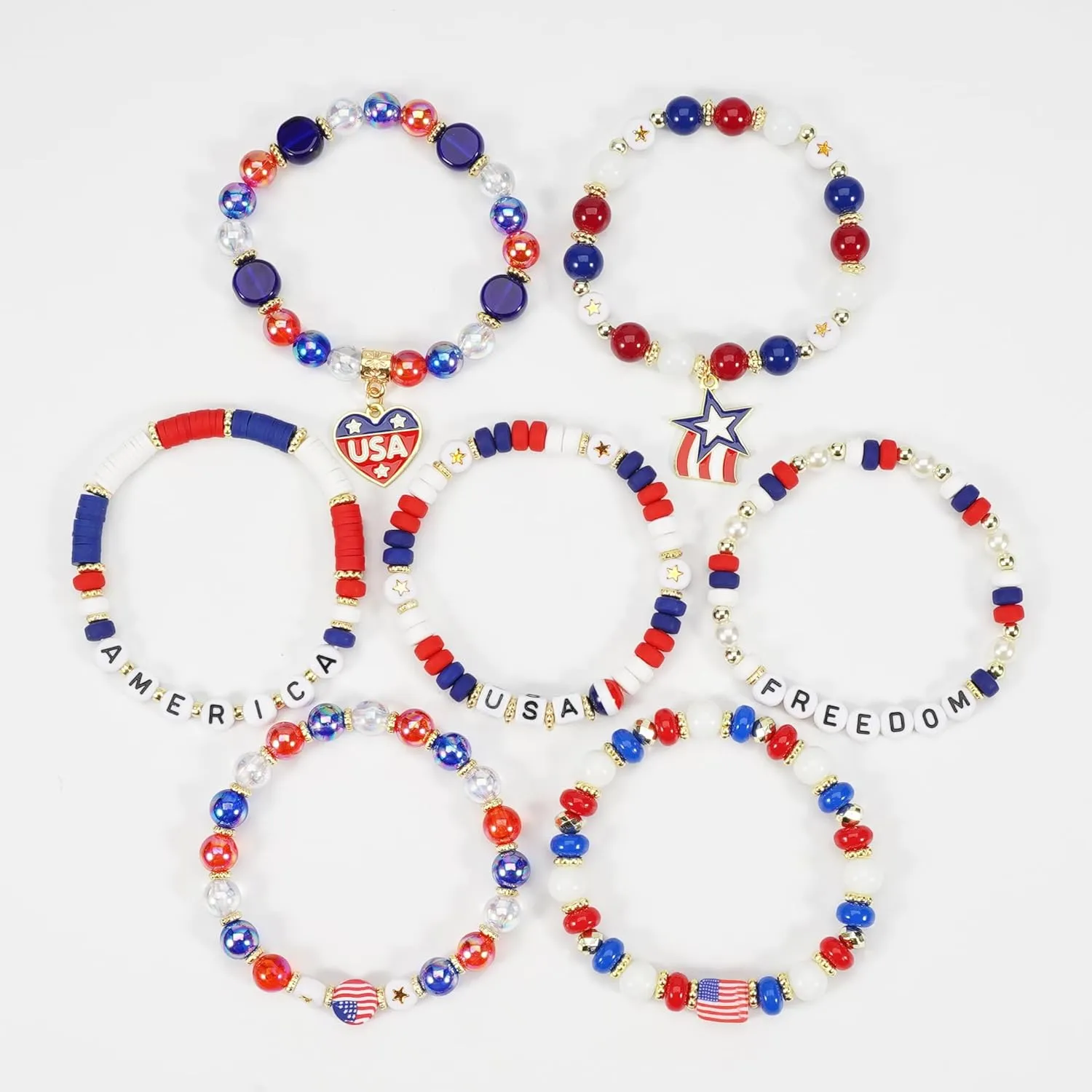 4th of July Beaded Bracelets with American Flag Stars Charms USA Jewelry