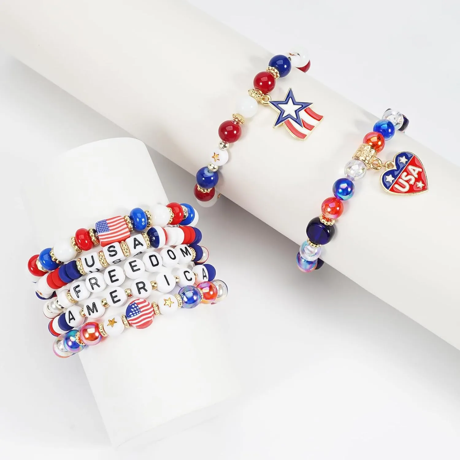 4th of July Beaded Bracelets with American Flag Stars Charms USA Jewelry