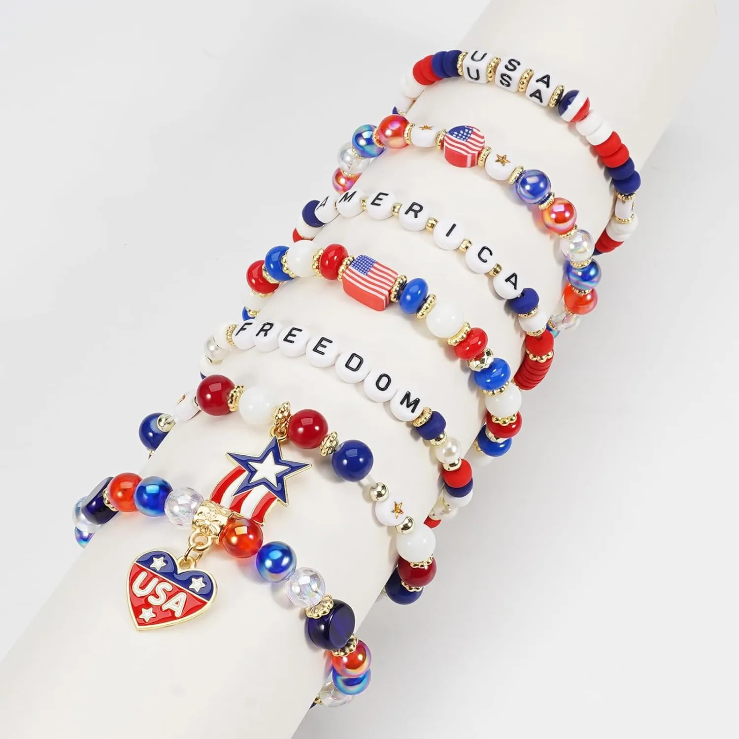 4th of July Beaded Bracelets with American Flag Stars Charms USA Jewelry