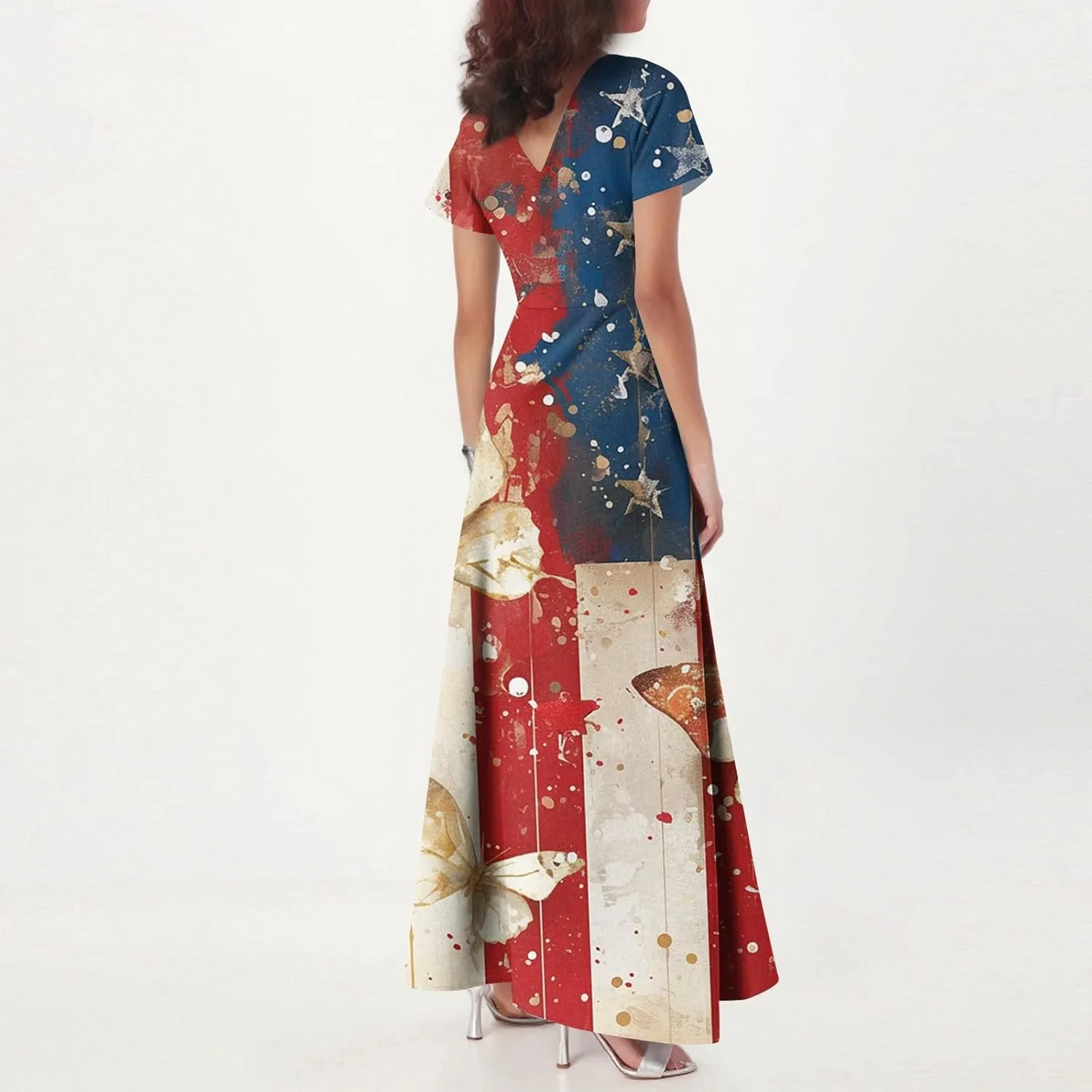 4th of July Dress Women Short Sleeve A-Line American Flag Dresses V Neck Holiday Plus Size USA Independence Day Sundress