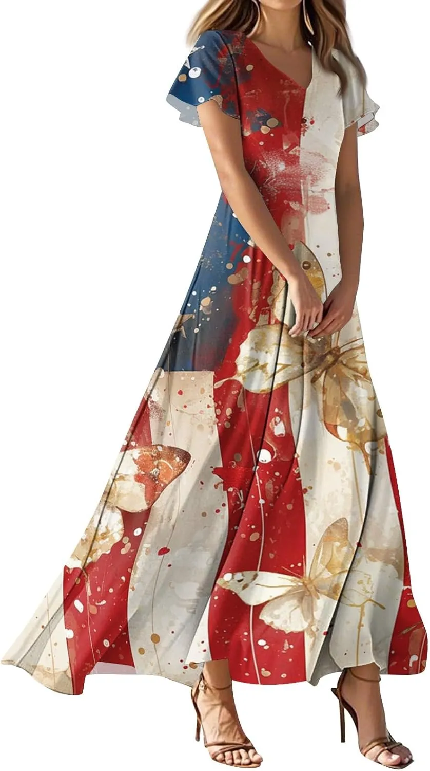 4th of July Dress Women Short Sleeve A-Line American Flag Dresses V Neck Holiday Plus Size USA Independence Day Sundress