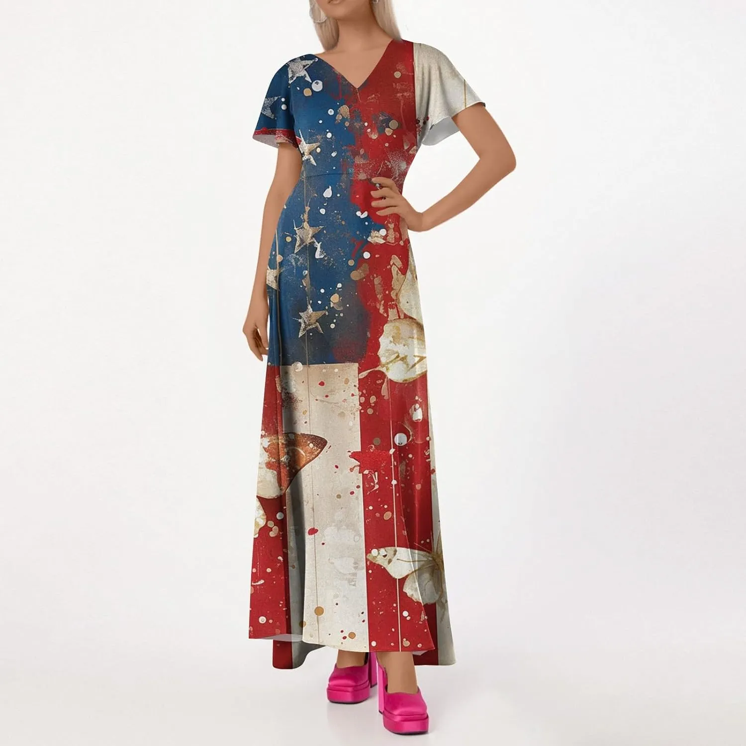 4th of July Dress Women Short Sleeve A-Line American Flag Dresses V Neck Holiday Plus Size USA Independence Day Sundress