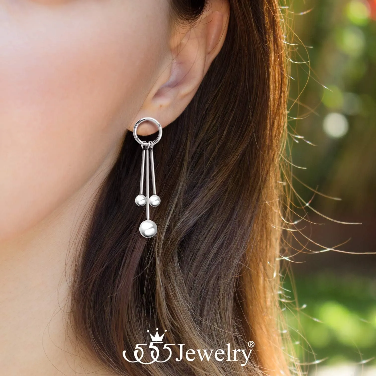 555Jewelry Stainless Steel Dangle Drop Bar Ball Earrings for Women & Ladies