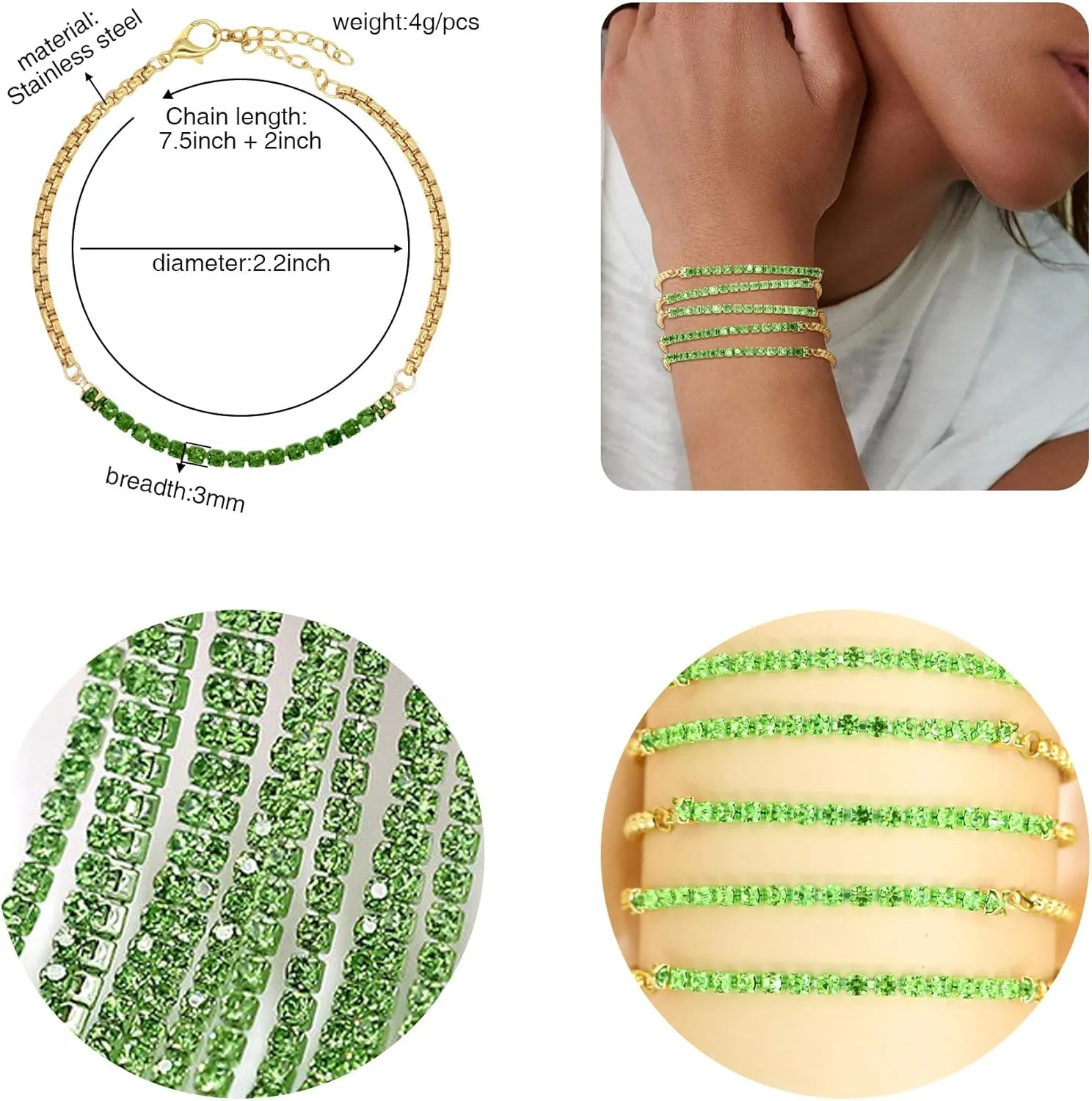 5Pcs Crystals Birthstone Bracelets for Women Dainty Gold Plated Stainless Steel Chain Link Charm Stackable Bracelet Birth Stone Bracelets to Daughter Mom Birthday Unique Jewelry Gifts