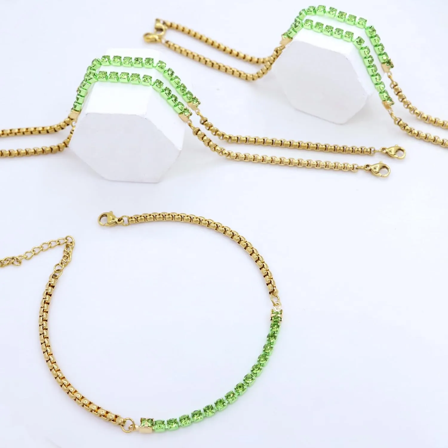 5Pcs Crystals Birthstone Bracelets for Women Dainty Gold Plated Stainless Steel Chain Link Charm Stackable Bracelet Birth Stone Bracelets to Daughter Mom Birthday Unique Jewelry Gifts