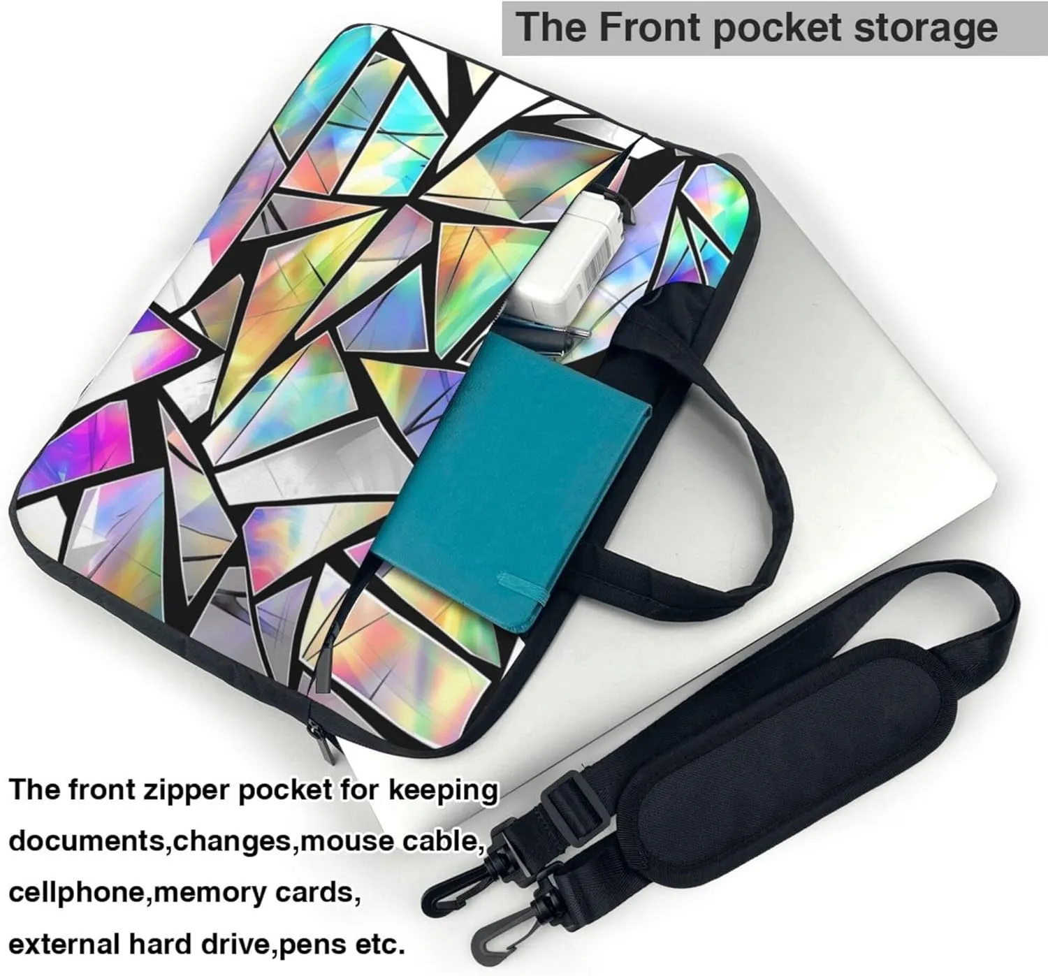 Abstract Geometric Laptop Shoulder Bag for Women, Rainbow Triangle Geometric Pattern Laptop Sleeve Case Computer Bag