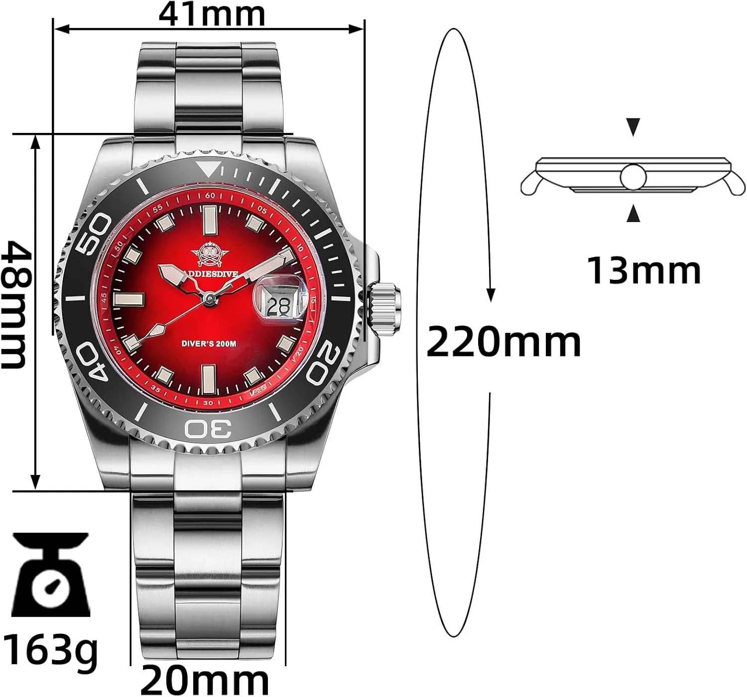 ADDIESDIVE 41 MM Mens Dive Watch Quartz Movement Watches for Men Easy to Read Dial 200 M Waterproof BGW9 Luminous Analog Orange/Red/Green/Black Gradient Dial
