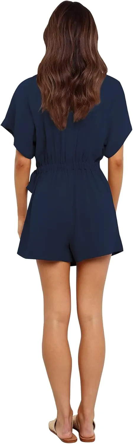 AIMCOO Summer Short Sleeve V Neck Wrap Rompers Elastic Waist Tie Solid Jumpsuit for Women Casual Romper Shorts with Pockets
