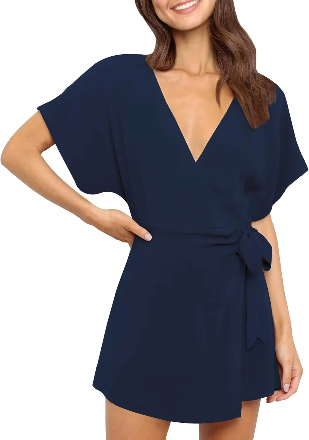 AIMCOO Summer Short Sleeve V Neck Wrap Rompers Elastic Waist Tie Solid Jumpsuit for Women Casual Romper Shorts with Pockets
