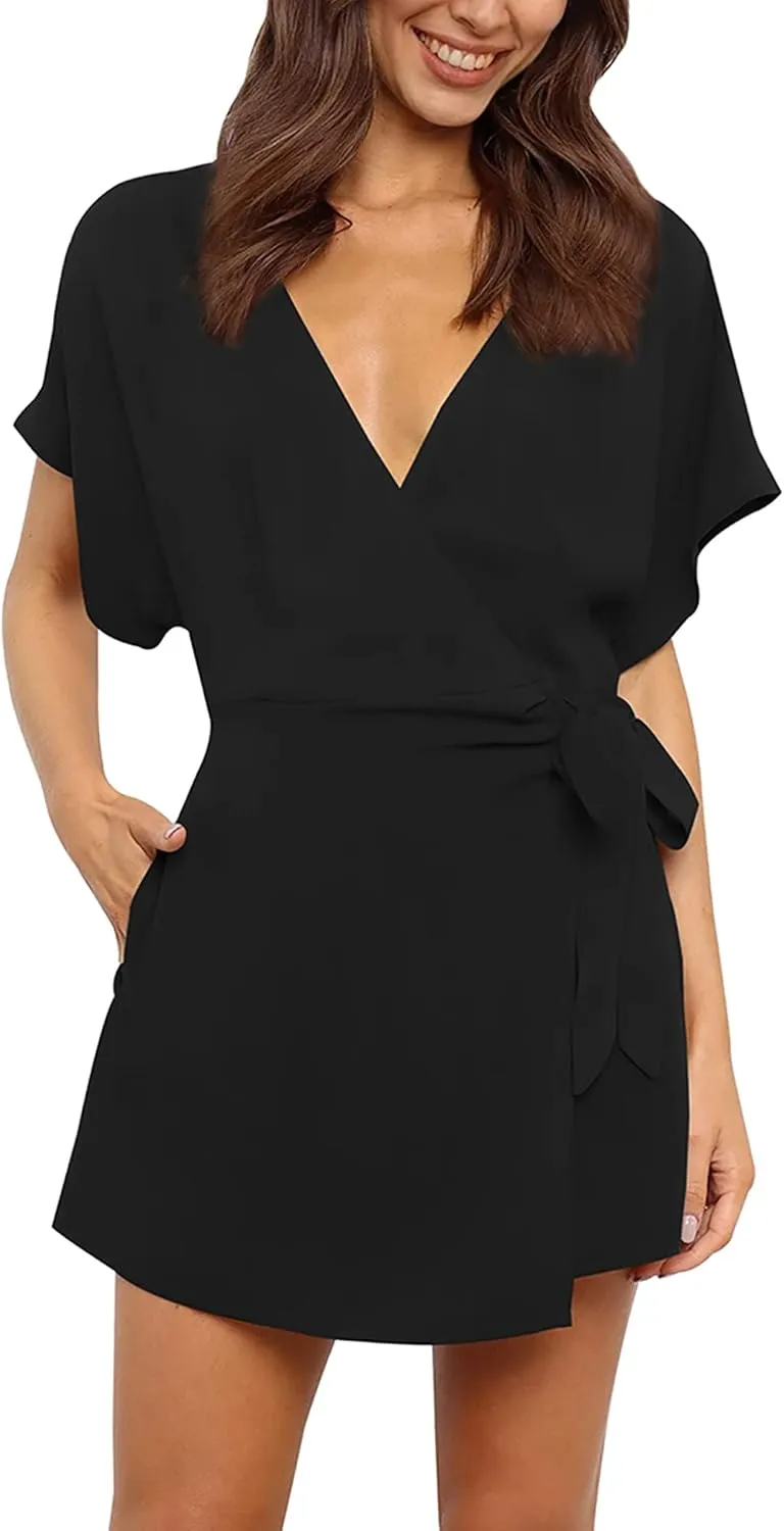 AIMCOO Summer Short Sleeve V Neck Wrap Rompers Elastic Waist Tie Solid Jumpsuit for Women Casual Romper Shorts with Pockets