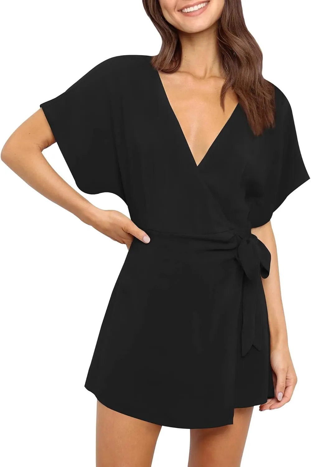 AIMCOO Summer Short Sleeve V Neck Wrap Rompers Elastic Waist Tie Solid Jumpsuit for Women Casual Romper Shorts with Pockets