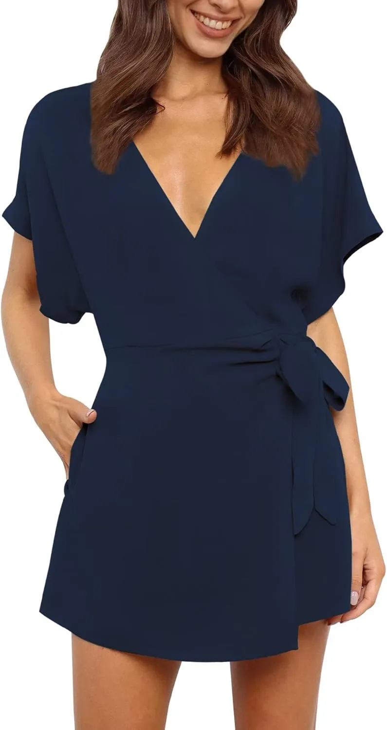 AIMCOO Summer Short Sleeve V Neck Wrap Rompers Elastic Waist Tie Solid Jumpsuit for Women Casual Romper Shorts with Pockets