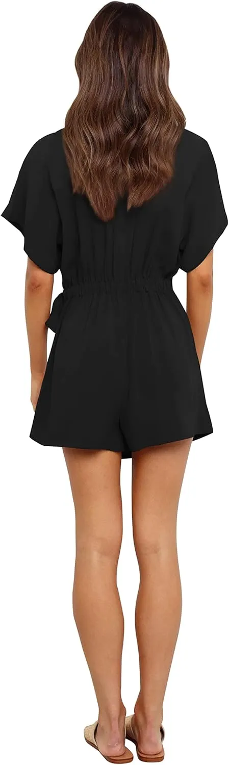 AIMCOO Summer Short Sleeve V Neck Wrap Rompers Elastic Waist Tie Solid Jumpsuit for Women Casual Romper Shorts with Pockets