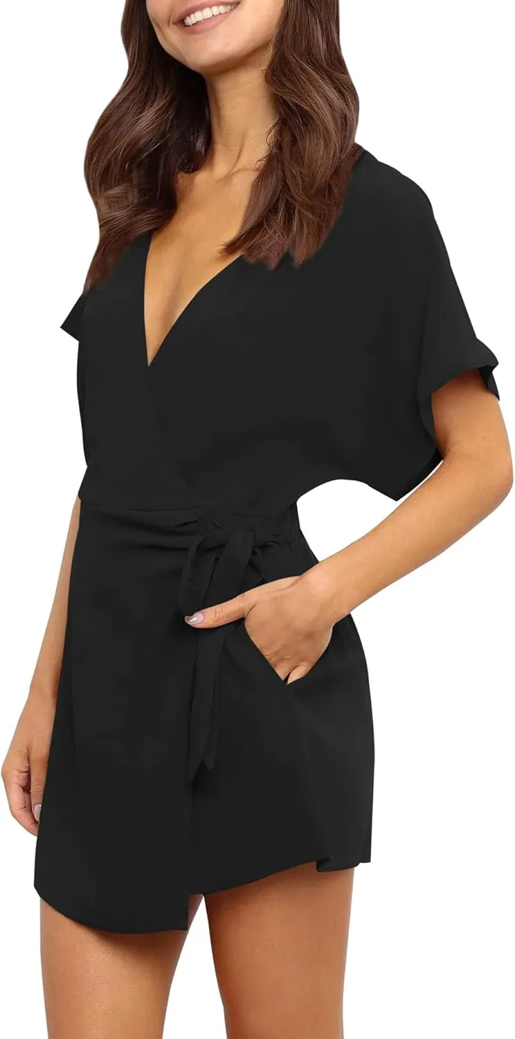 AIMCOO Summer Short Sleeve V Neck Wrap Rompers Elastic Waist Tie Solid Jumpsuit for Women Casual Romper Shorts with Pockets