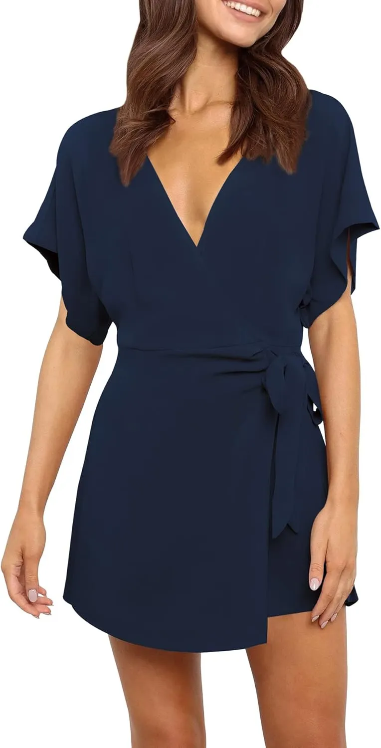 AIMCOO Summer Short Sleeve V Neck Wrap Rompers Elastic Waist Tie Solid Jumpsuit for Women Casual Romper Shorts with Pockets