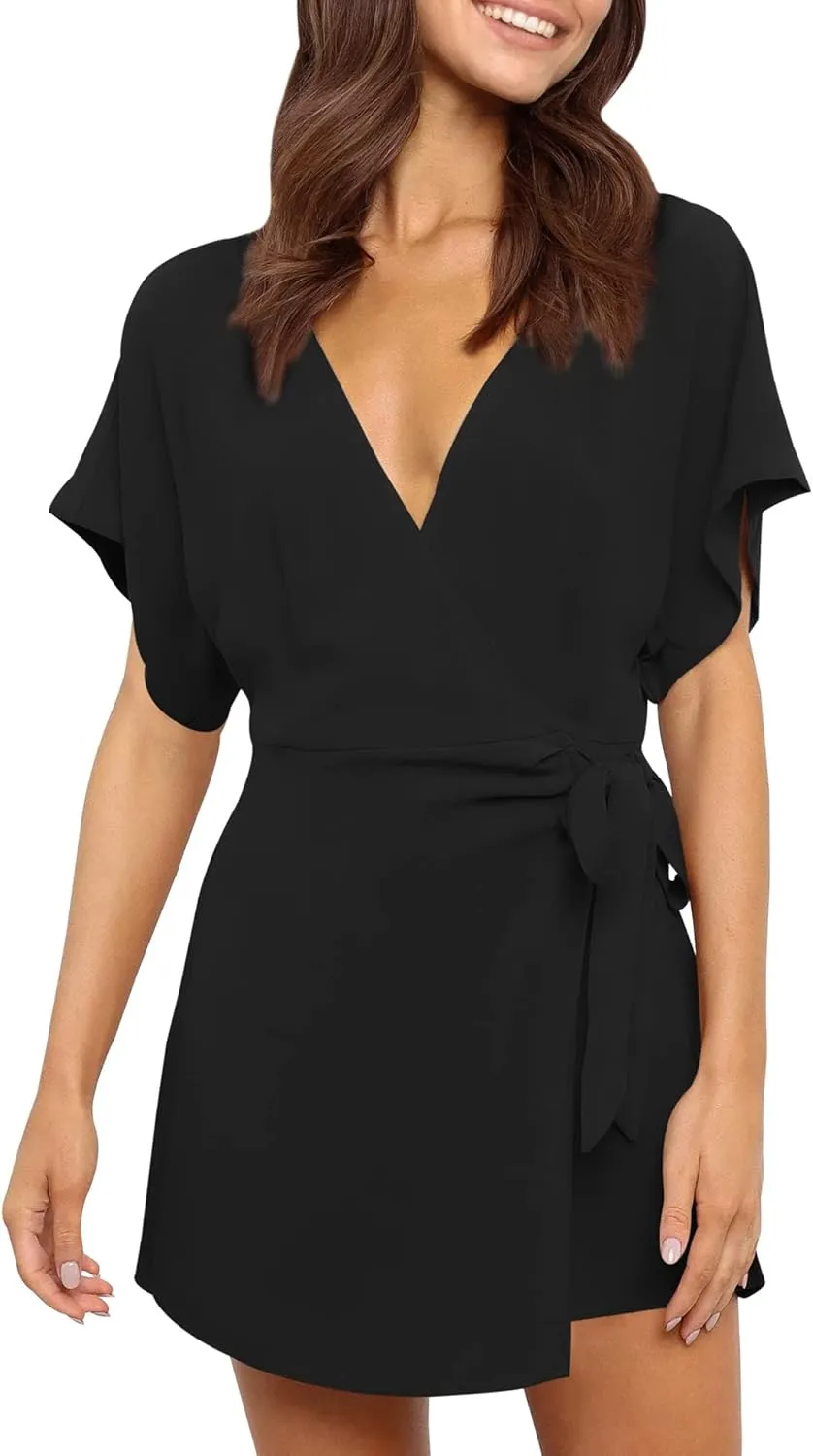 AIMCOO Summer Short Sleeve V Neck Wrap Rompers Elastic Waist Tie Solid Jumpsuit for Women Casual Romper Shorts with Pockets