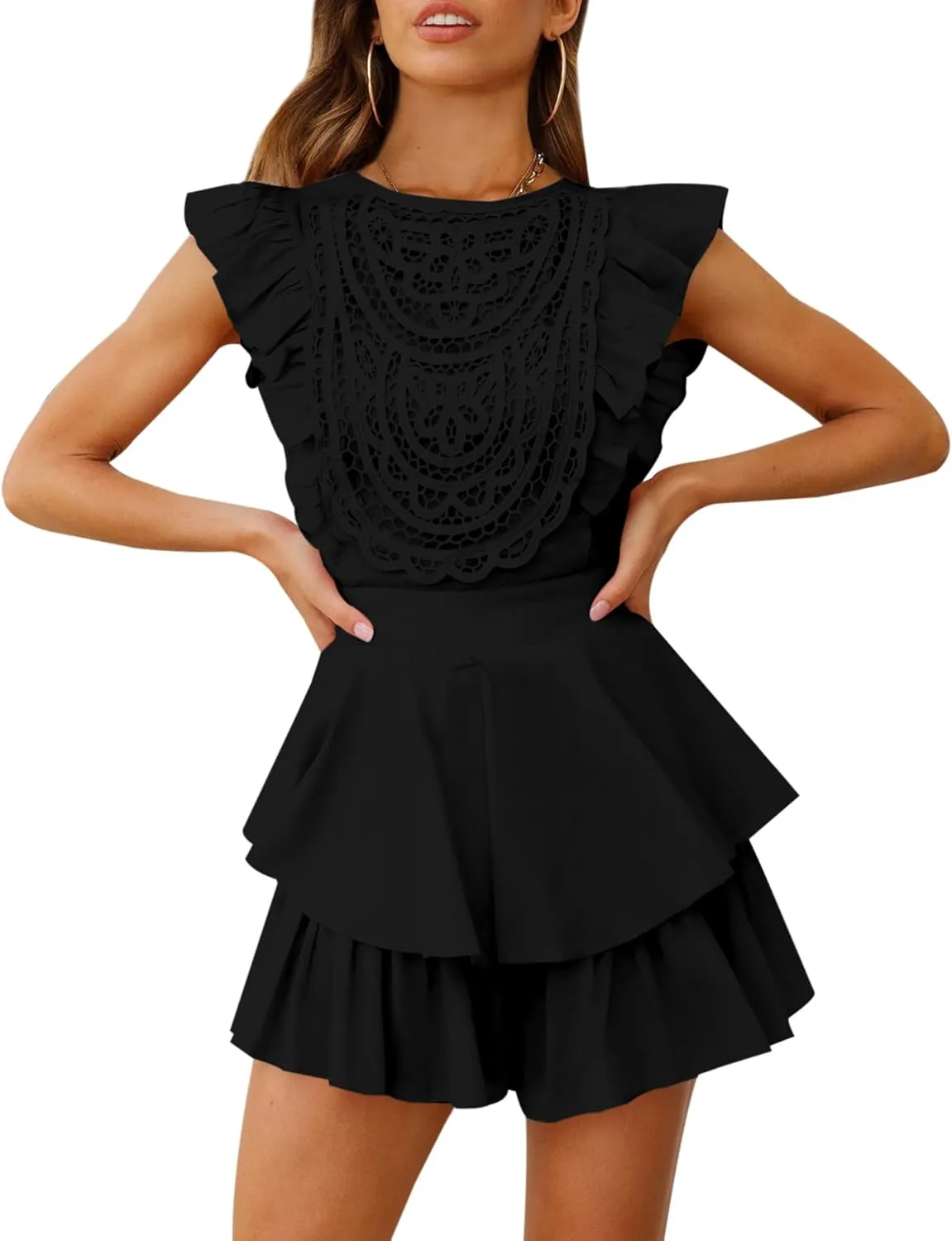 AIMCOO Women's Flutter Sleeve Crochet Lace Overlay Romper Dress Crewneck Waist Tie Rompers Tiered Ruffle Short Jumpsuits