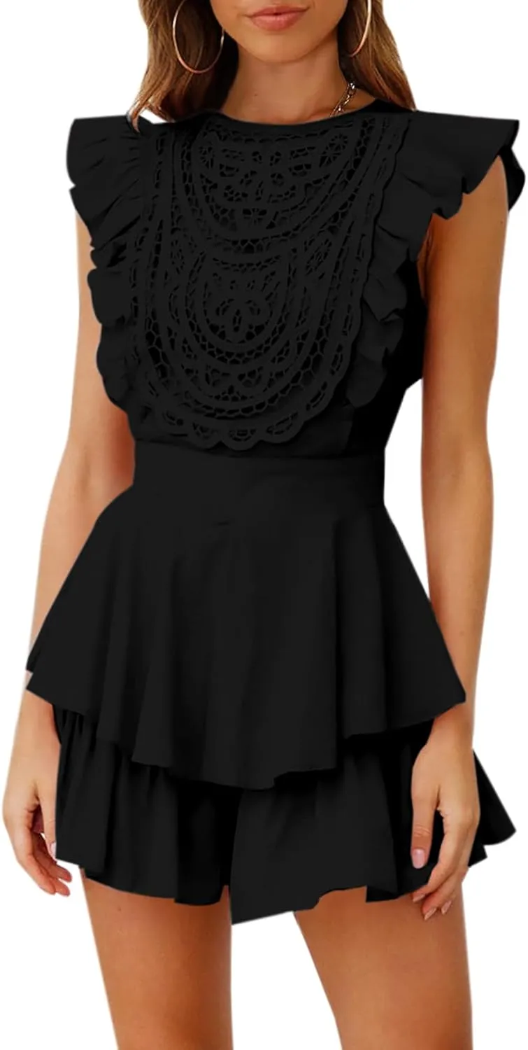 AIMCOO Women's Flutter Sleeve Crochet Lace Overlay Romper Dress Crewneck Waist Tie Rompers Tiered Ruffle Short Jumpsuits