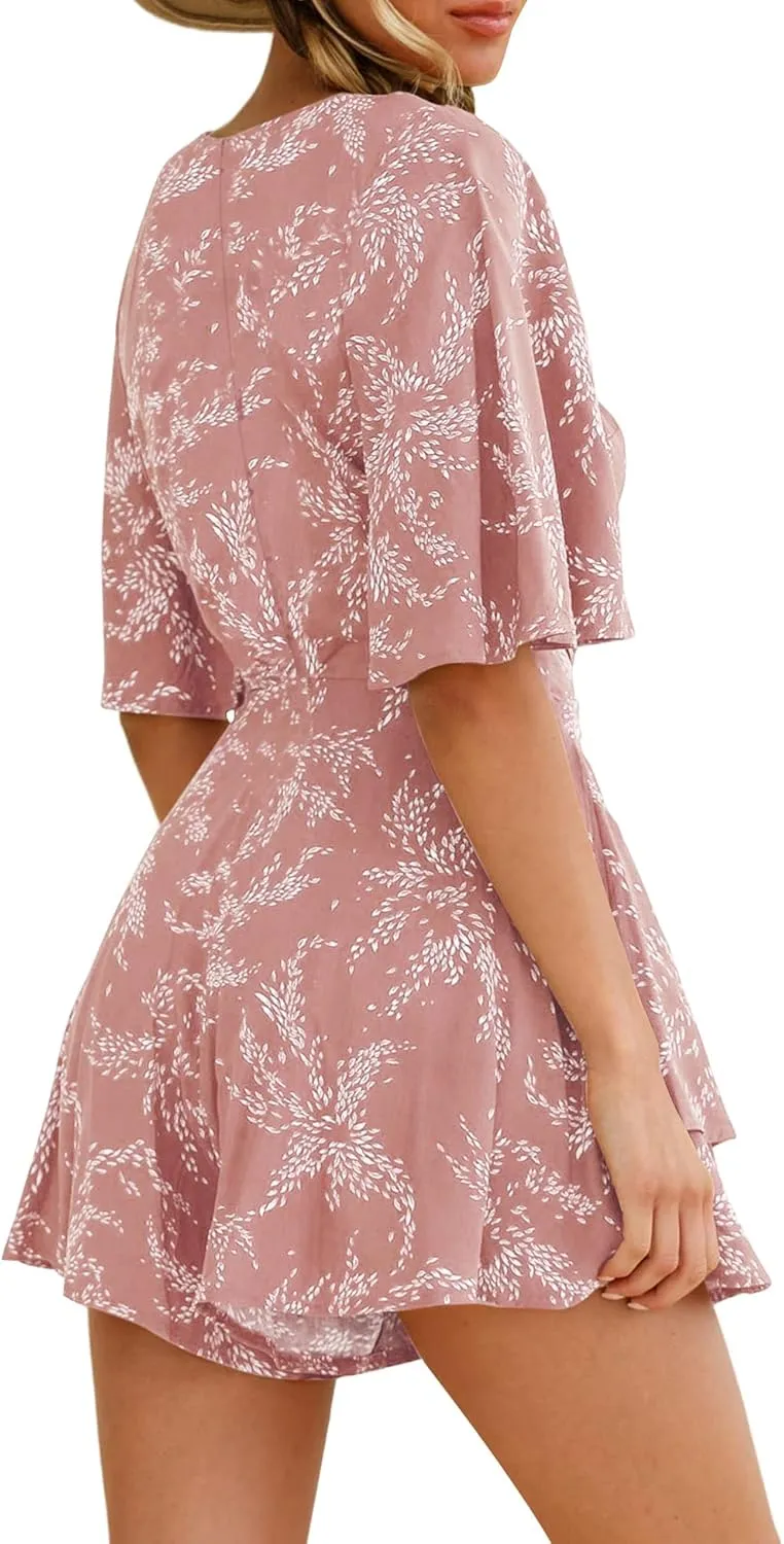 AIMCOO Womens Summer Short Flared Sleeve Romper V Neck Floral Print Jumpsuit Waist Tie Layer Ruffle Hem Dress Look Rompers