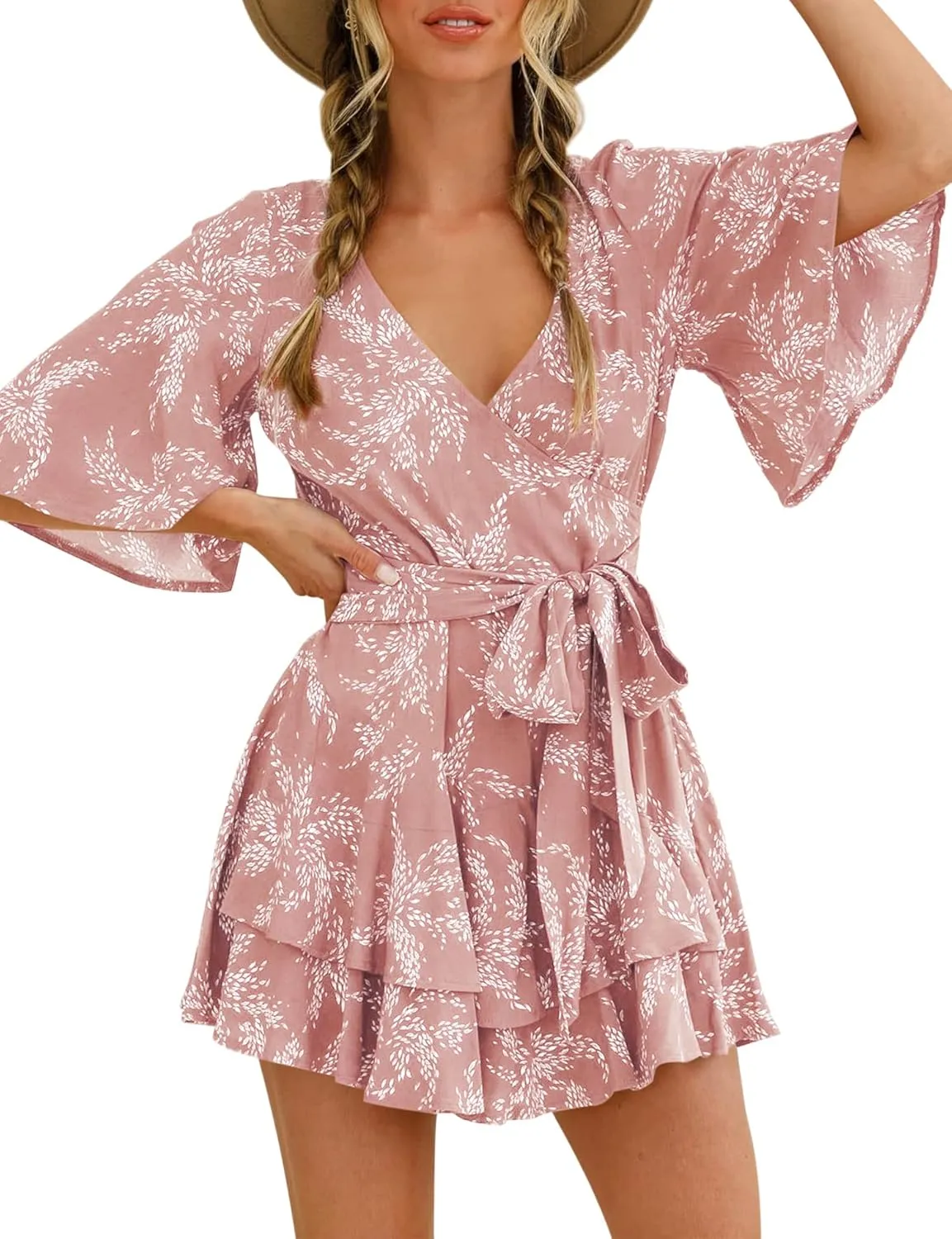 AIMCOO Womens Summer Short Flared Sleeve Romper V Neck Floral Print Jumpsuit Waist Tie Layer Ruffle Hem Dress Look Rompers