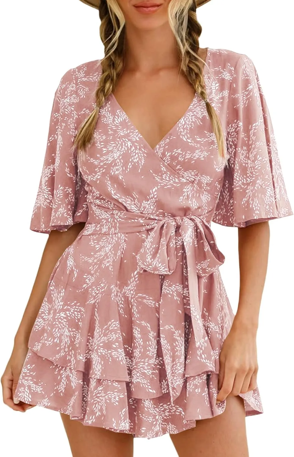 AIMCOO Womens Summer Short Flared Sleeve Romper V Neck Floral Print Jumpsuit Waist Tie Layer Ruffle Hem Dress Look Rompers