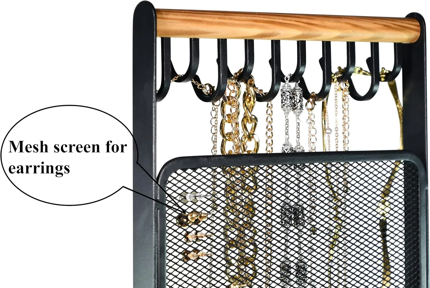 AMT Jewelry Organizer Stand, White Metal, 14" Extra Tall | Earrings, Necklace & Bracelet Holder Organizer Display (Natural Wood & Metal Black, 10 Hooks - Mesh)