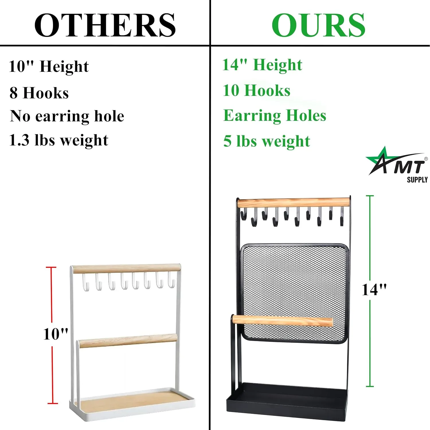 AMT Jewelry Organizer Stand, White Metal, 14" Extra Tall | Earrings, Necklace & Bracelet Holder Organizer Display (Natural Wood & Metal Black, 10 Hooks - Mesh)