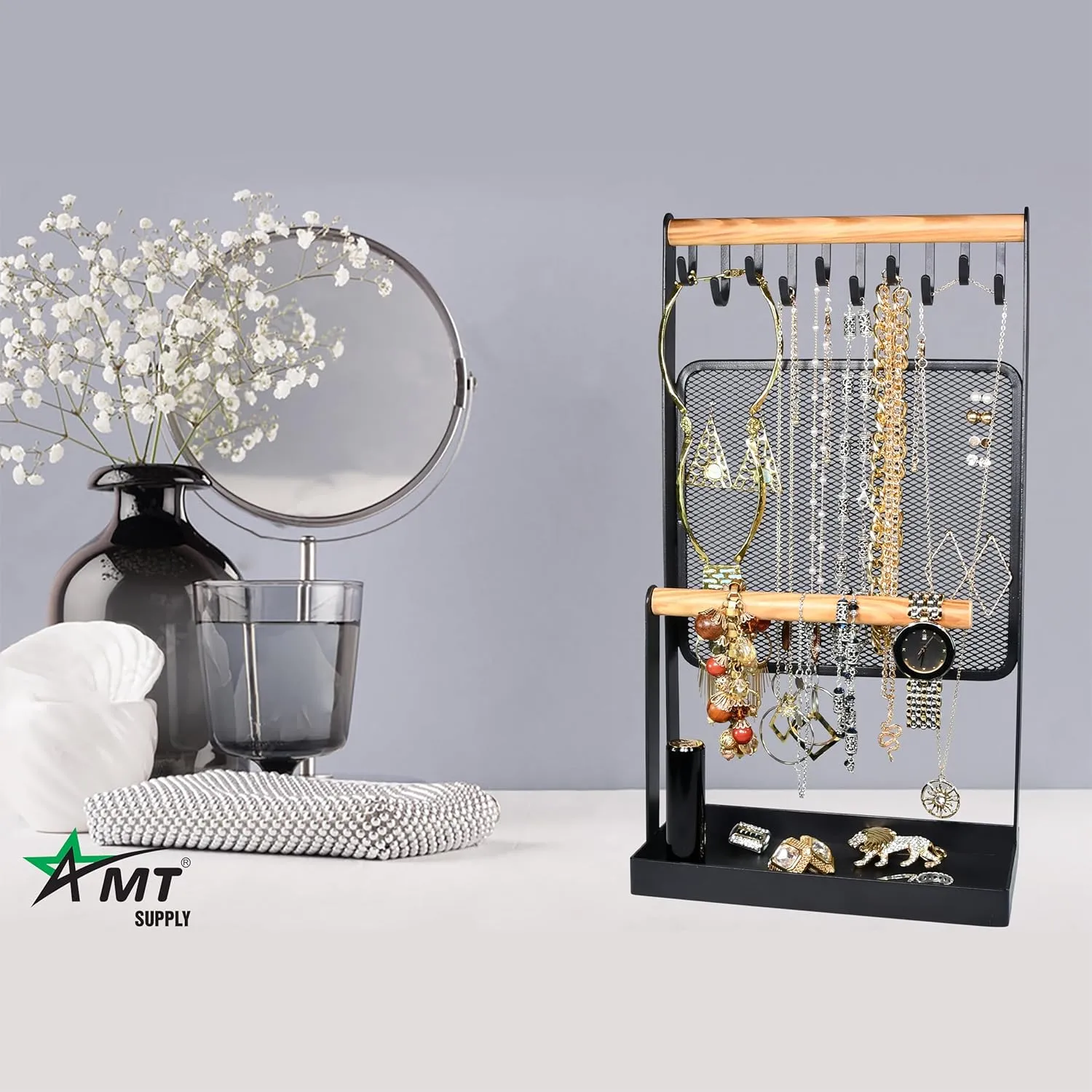 AMT Jewelry Organizer Stand, White Metal, 14" Extra Tall | Earrings, Necklace & Bracelet Holder Organizer Display (Natural Wood & Metal Black, 10 Hooks - Mesh)