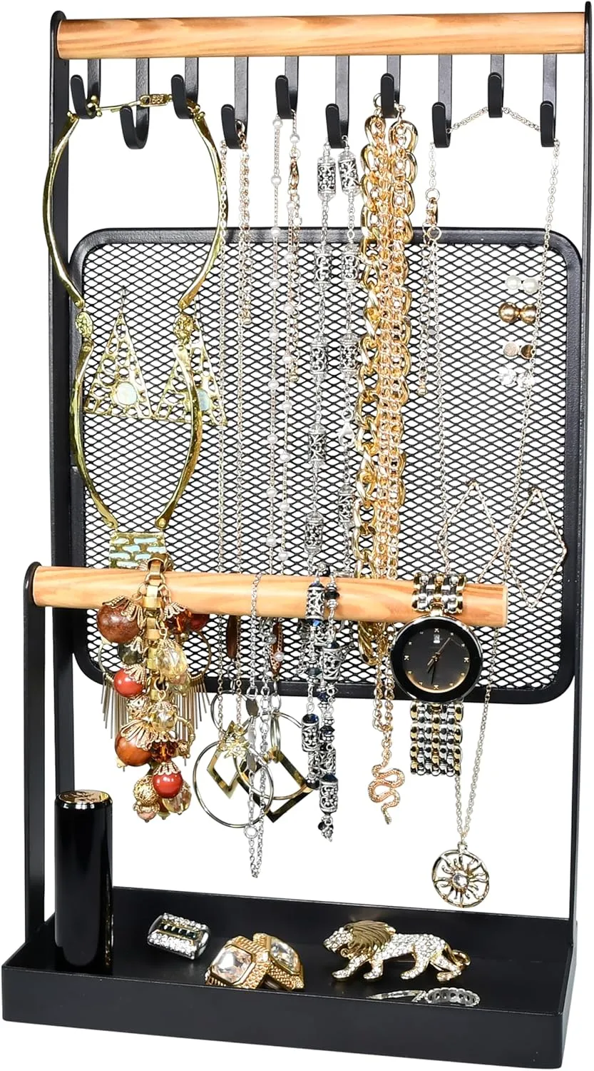 AMT Jewelry Organizer Stand, White Metal, 14" Extra Tall | Earrings, Necklace & Bracelet Holder Organizer Display (Natural Wood & Metal Black, 10 Hooks - Mesh)